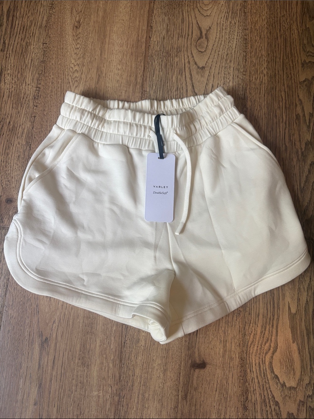 Varley Cream DoubleScoop High-Rise Drawstring Athletic Shorts